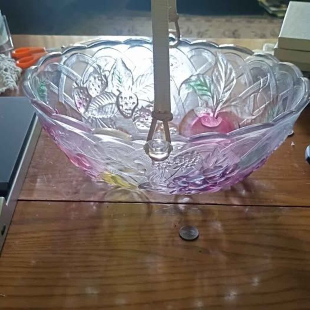 Vintage Frosted Glass Fruit Basket with Handle